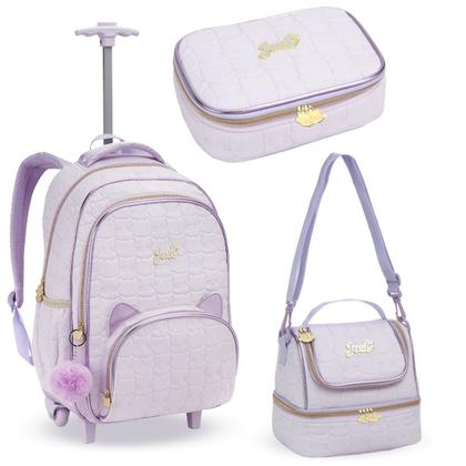 Imagem de Kit Material Escolar Mochila C/ Rodinhas + Lancheira Térmica + Estojo Porta Lápis Caneta Apontador Aulas Resistente Menina Feminina