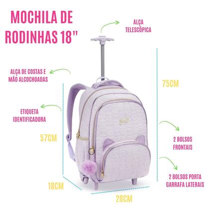 Imagem de Kit Material Escolar Mochila C/ Rodinhas + Lancheira Térmica + Estojo Porta Lápis Caneta Apontador Aulas Resistente Menina Feminina