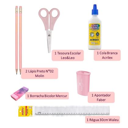 Imagem de Kit Material Escolar Volta as Aulas Infantil Menina Tom Pastel Rosa Caderno Brochura Lápis Borracha Régua Cola 11 peças