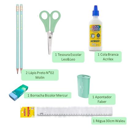 Imagem de Kit Material Escolar Volta as Aulas Infantil Menina Tom Pastel Verde Caderno Brochura Lápis Borracha Régua Cola 11 peças