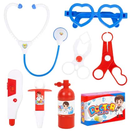Imagem de Kit Médico Doutor Brinquedo Faz De Conta Com 8 Acessórios Azul Brincando De Profissões