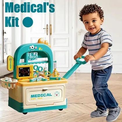 Imagem de Kit Médico Infantil 2 Em 1 Carrinho E Bancada Som Luz