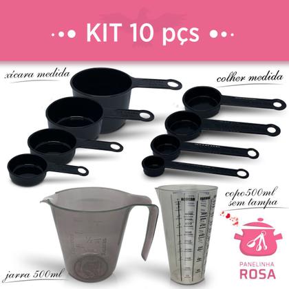 Imagem de Kit Medida 10 Pçs Jarra 500ml Preta Copo C/Tampa (Preto) Xicara Preto Colher Preto Panelinha Rosa