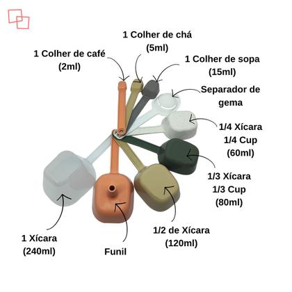 Imagem de Kit Medidor 9 peças para Receitas de Cozinha Funil Separador de Gema Xícara e Colher Medidora Plasútil