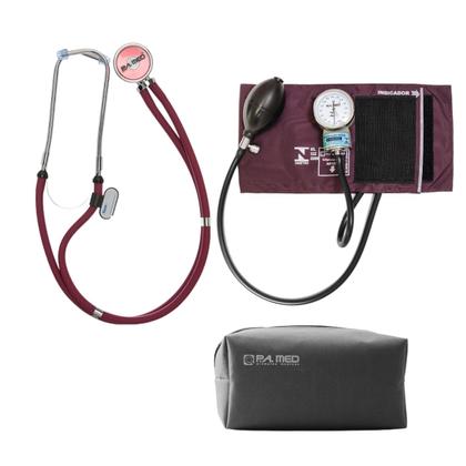 Imagem de Kit medidor de pressão esteto máscara e luvas caixa Bordô P.a med