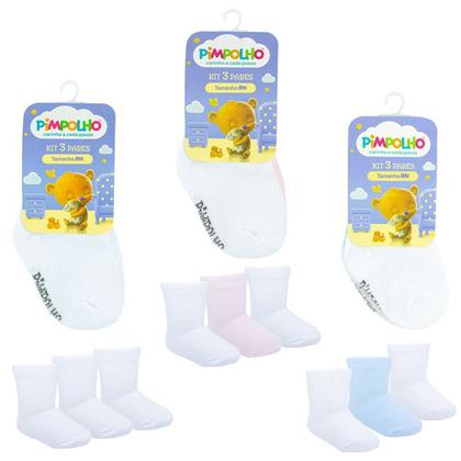 Imagem de Kit Meia Lisa Bebê Infantil Com 3 Pares Tamanho Recém-Nascido RN Pimpolho