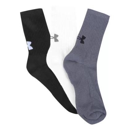 Imagem de Kit Meia Under Armour Cano Longo Core Cotton Crew 3 Pares - Chumbo e Branco