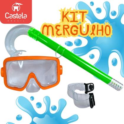 Imagem de Kit Mergulho Infantil Máscara Snorkel Laranja Verde Piscina Praia Castela