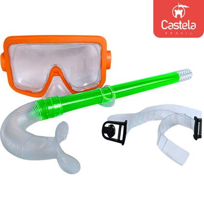Imagem de Kit Mergulho Infantil Máscara Snorkel Laranja Verde Piscina Praia Castela