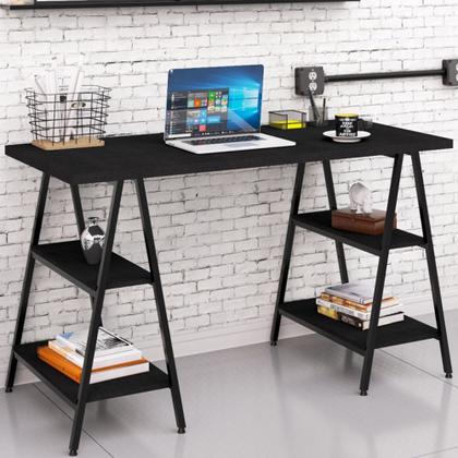 Imagem de Kit Mesa Cavalete 135 cm com Estante 5 Prateleiras Estilo Industrial Form C01 Preto Onix - Lyam Decor