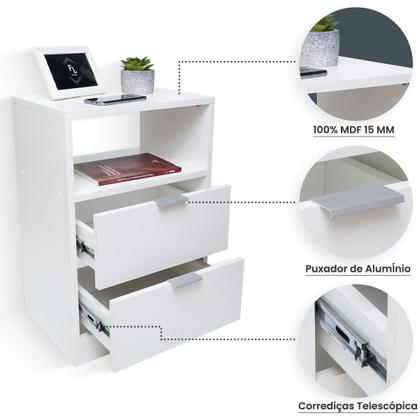 Imagem de Kit Mesa de Cabeceira Branca 2 Gavetas com Nicho 60cm Altura  Enviada Montada