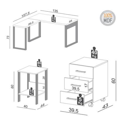 Imagem de Kit Mesa de Escritório c/ Gaveteiro e Mesa Auxiliar 100% Mdf