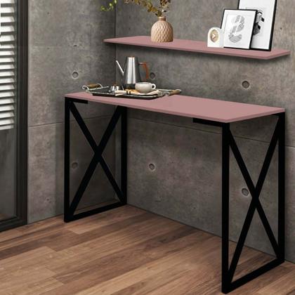 Imagem de Kit Mesa de Estudos com Prateleira Zurik Office Industrial Ferro Preto MDF Rosa - Ahz Móveis