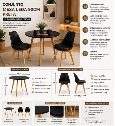 Imagem de Kit - Mesa De Jantar Leda 90 Cm Preto + 2 Cadeiras Estofadas Leda Preto