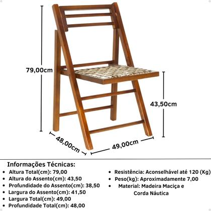 Imagem de Kit Mesa de Jantar Redonda Rústica Castanho 78cm com 4 Cadeiras Dobráveis de Corda Náutica - Castanho