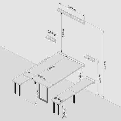 Imagem de Kit mesa dobrável de parede c/ dois bancos 5 lugares 1.40mt inox - preto e noronha