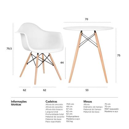 Imagem de KIT - Mesa Eames 70 cm + 4 cadeiras Eiffel DAW com braços