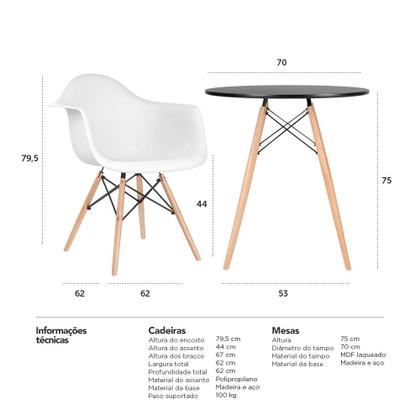 Imagem de KIT - Mesa Eames 70 cm + 4 cadeiras Eiffel DAW com braços