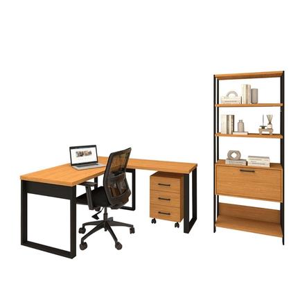 Imagem de Kit Mesa Escritório em L Com Gaveteiro + Estante 1 Porta MDF