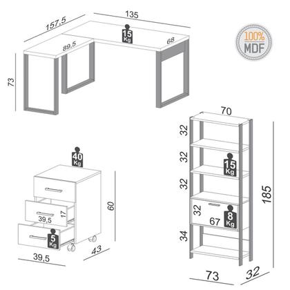 Imagem de Kit Mesa Escritório em L Com Gaveteiro + Estante 1 Porta MDF