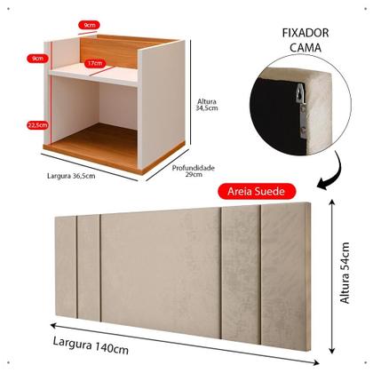 Imagem de Kit Mesa Madri Apoio Lateral Cama Off/Cinamomo Suspensa Parede Cabeceira Luana Areia Suede Elegante Aérea Quarto Casal 