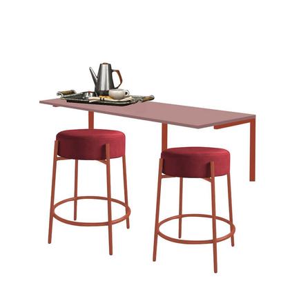 Imagem de Kit Mesa Suspensa de Parede Fixa MDF Rosa + 2 Banquetas Sintra Ferro Rose Gold Sintético Vermelho - Ahazzo Móveis