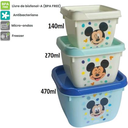 Imagem de Kit Mickey Porta Lanche Infantil Garrafa Antivazamento Potes