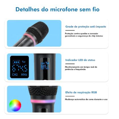 Imagem de Kit Microfone Sem Fio Duplo Com Led Recarregável E Dinâmico