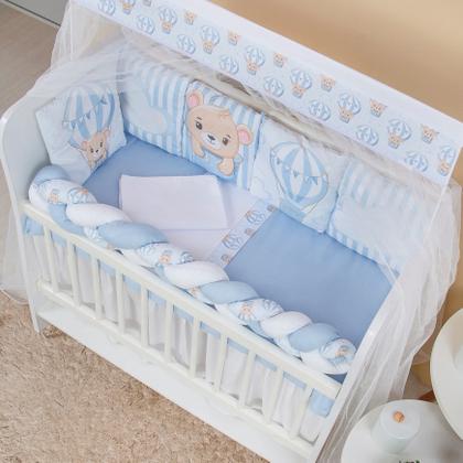 Imagem de Kit Mini Berço com 12 peças  Saia de Berço Bebê Menino Urso Baloeiro
