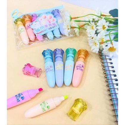 Imagem de Kit Mini Marca Texto Patinha Gato Sosu 6 Cores Cat Kawaii   Material Escolar  Papelaria Fofa  Divertida