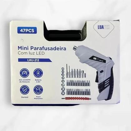 Imagem de Kit Mini Parafusadeira C/ Luz de Led C/ Bateria Recarregável Acessórios 47 Pçs Luatek LWJ-212