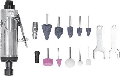 Imagem de Kit Mini Retífica Pneumática Esmeril Jogo Completo Com Trava Segurança Uso