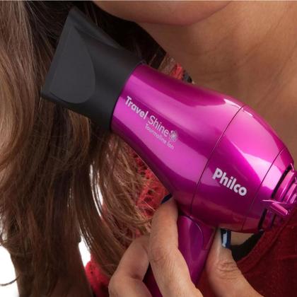 Imagem de Kit Mini Secador De Cabelo Philco 1000w e Chapinha Pequeno Ps12 Com Bolsa Viagem Dobrável Rosa e Modelador Cachos Bivolt