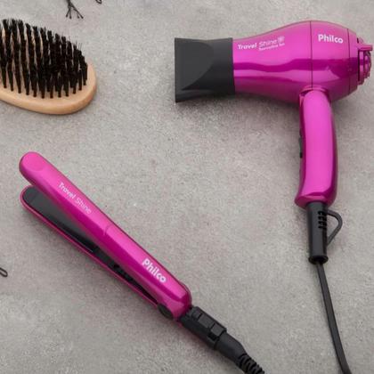 Imagem de Kit Mini Secador De Cabelo Philco 1000w e Chapinha Pequeno Ps12 Com Bolsa Viagem Dobrável Rosa e Modelador Cachos Bivolt