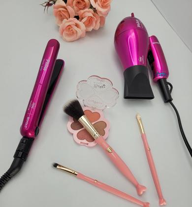 Imagem de Kit Mini Secador De Cabelo Philco 1000w e Chapinha Pequeno Ps12 Com Bolsa Viagem Dobrável Rosa e Modelador Cachos Bivolt