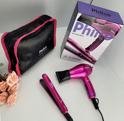 Imagem de Kit Mini Secador De Cabelo Philco 1000w e Chapinha Pequeno Ps12 Com Bolsa Viagem Dobrável Rosa e Modelador Cachos Bivolt