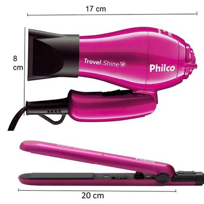 Imagem de Kit Mini Secador De Cabelo Philco 1000w e Chapinha Pequeno Ps12 Com Bolsa Viagem Dobrável Rosa e Modelador Cachos Bivolt
