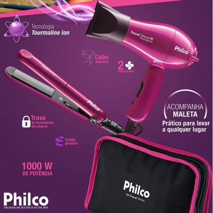 Imagem de Kit Mini Secador De Cabelo Philco 1000w e Chapinha Pequeno Viagem Dobrável Ps12 Bivolt Com Bolsa Rosa