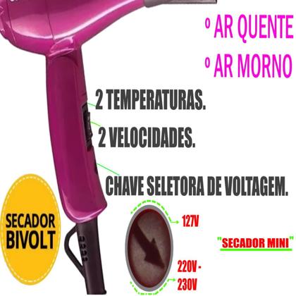Imagem de Kit Mini Secador De Cabelo Philco 1000w e Chapinha Pequeno Viagem Dobrável Ps12 Bivolt Com Bolsa Rosa