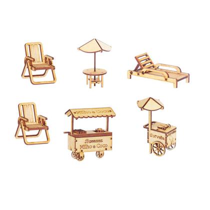 Imagem de Kit Miniatura Praia 6 Peças Espreguiçadeira Carrinho Mdf