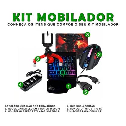 Imagem de Kit Mobilador Gamer Completo Teclado One Hand Uma Mão Mouse Mousepad Suporte Para Celular