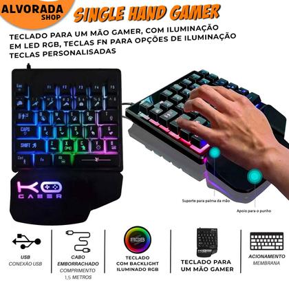 Imagem de Kit Mobilador Teclado Single Hand Gamer RGB + Mouse Led 7 Cores + Pad Speed Estampado