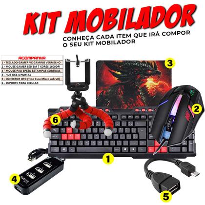 Imagem de Kit Mobilador Teclado Vermelho + Mouse Led Gamer + Hub 4 Portas