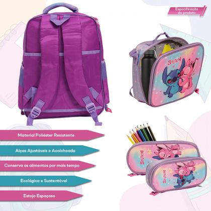 Imagem de Kit Mochila Bolsa Stitch Rosa Alça Costas Reforçada 3 Pçs