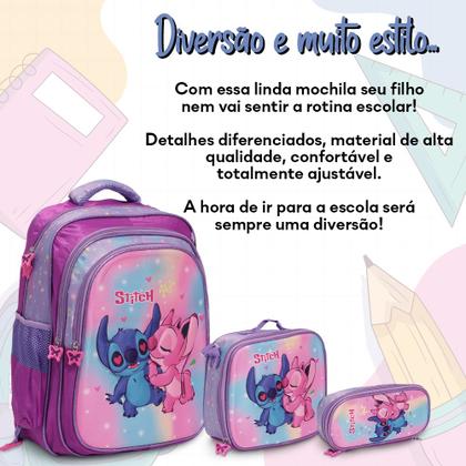 Imagem de Kit Mochila Bolsa Stitch Rosa Alça Costas Reforçada 3 Pçs
