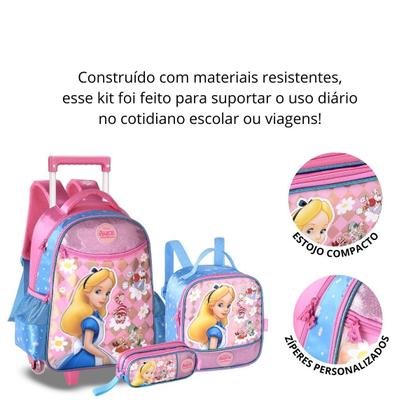 Imagem de Kit Mochila C/ Rodinhas Alice no País das Maravilhas C/ Lancheira Térmica E Estojo Infantil - Clio