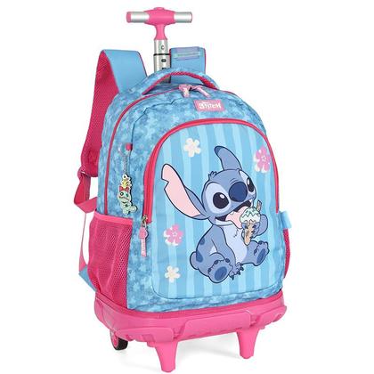 Imagem de Kit mochila carrinho infantil 2 em 1 18" e lancheira térmica pink com chaveiro emborrachado Stitch Disney Up4You