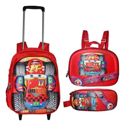 Imagem de Kit Mochila Carros 3D Infantil Meninos Rodinhas Lancheira Es