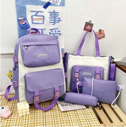 Imagem de Kit Mochila com 4 Pçs e Broche Fashion Escolar Passeio Juvenil Grande