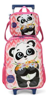 Imagem de Kit Mochila Com Carrinho Lancheira E Estojo Panda - Rosa
